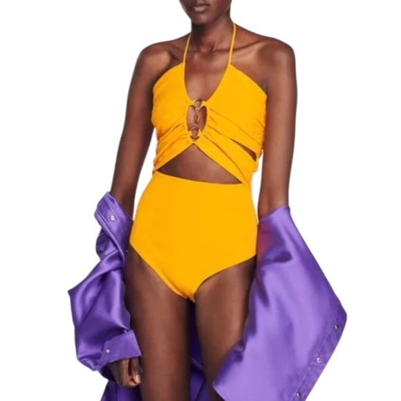 NWT Sandro Bodysuit Assiya Ring Halter Open Back in Marigold - Picture 4 of 16